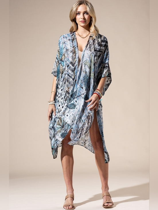 Onedder Other - Abstract Boho Floral Open Front Swimsuit Coverup or Kimono Lightweight NWT